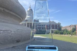 MU researchers received a 2021 Governor’s Award for Quality and Productivity. The award is pictured in front of Jesse Hall on the MU campus.