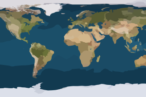 Map of the world, with land in brown and green, and oceans in blue.